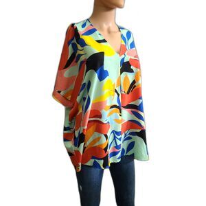 Jodifl Multicolored Abstract Floral V-Neck Dolman Sleeve Top sz Large Oversized